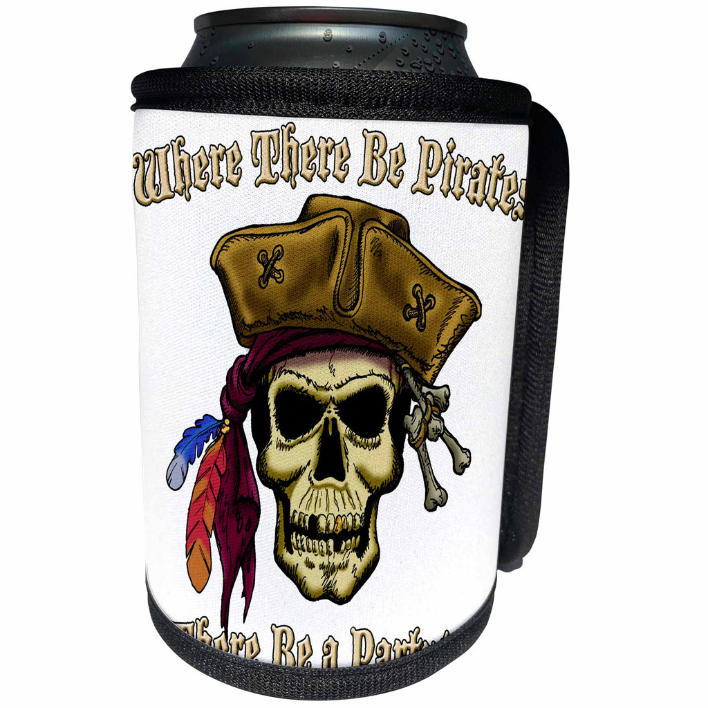 3dRose Jack of Arts Pirates - PIRATE SKULL WITH Where There Be Pirates - Can Cooler Bottle Wrap (cc_22842)