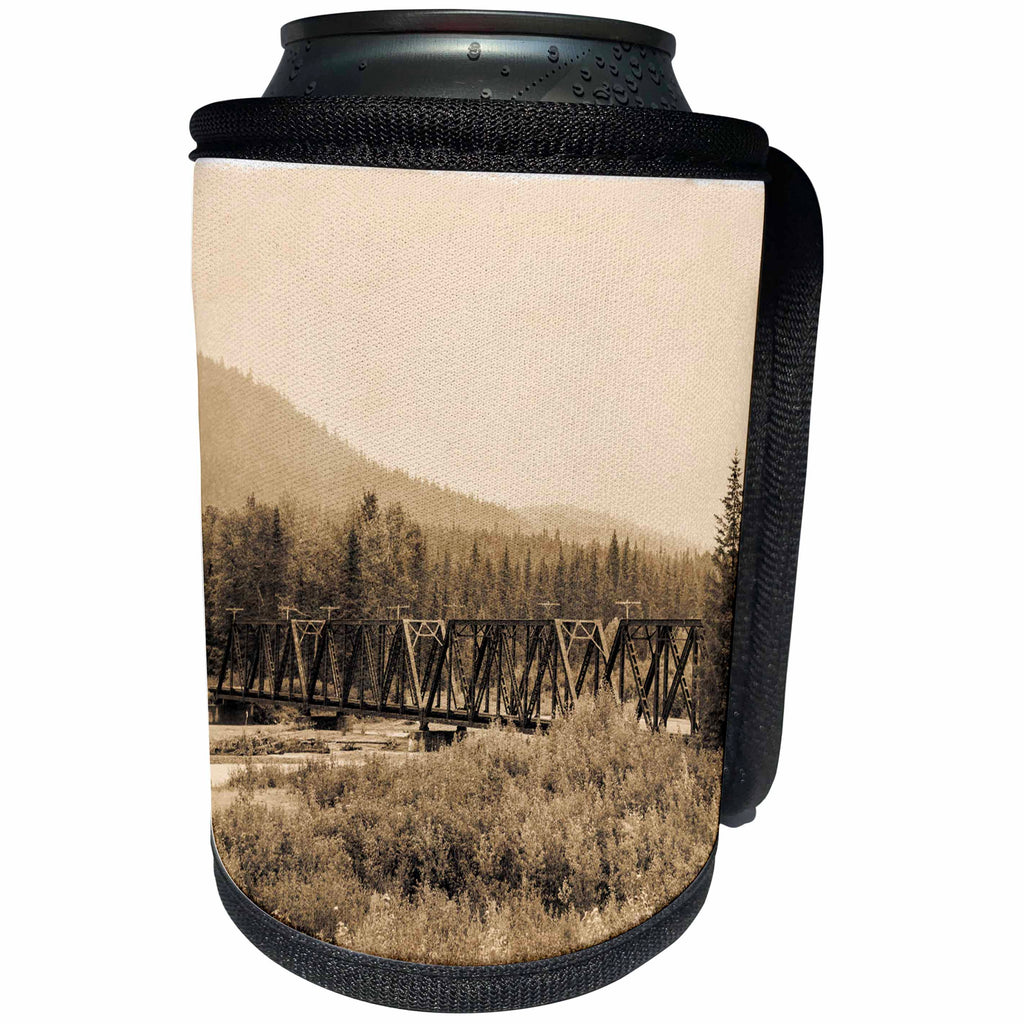 3dRose Danita Delimont - Bridge - An iron rail crossing bridge in vintage sepia, Alaska - Can Cooler Bottle Wrap (cc_229511)
