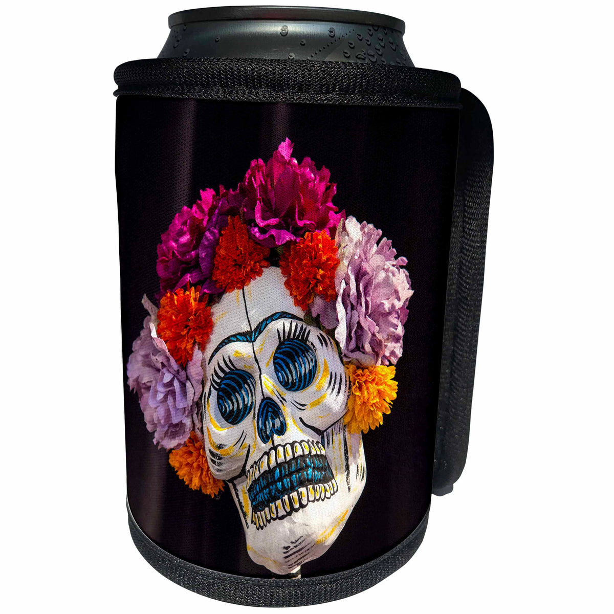3dRose Danita Delimont - Doll - Arizona, Phoenix. Art of skeleton with hair made of flowers. - Can Cooler Bottle Wrap (cc_229530)