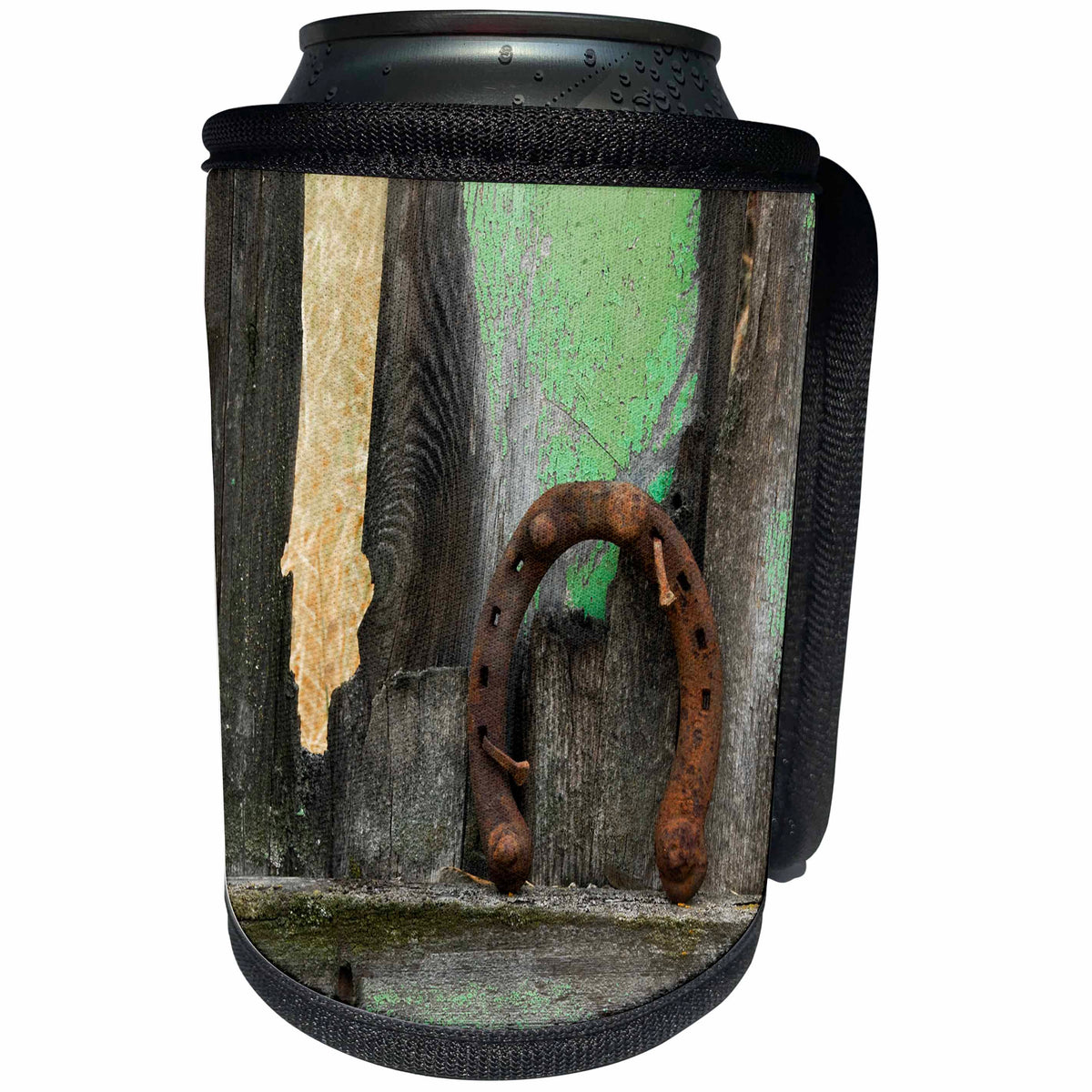 3dRose Danita Delimont - Western - USA, Montana. Rusty horseshoe on old fence. - Can Cooler Bottle Wrap (cc_231064)