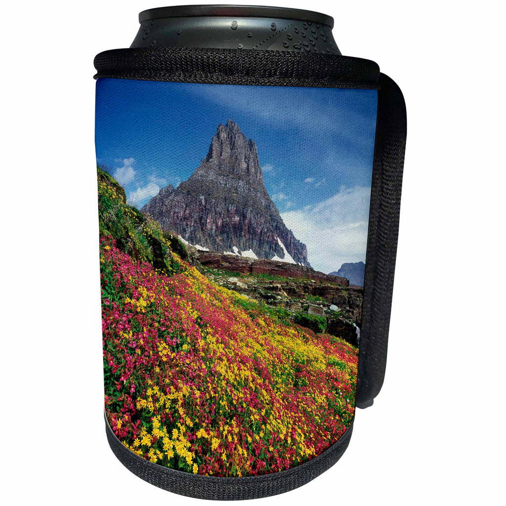 3dRose Danita Delimont - Glacier National Park - USA, Montana, Glacier National Park, Wildflowers and a mountain peak. - Can Cooler Bottle Wrap (cc_231109)