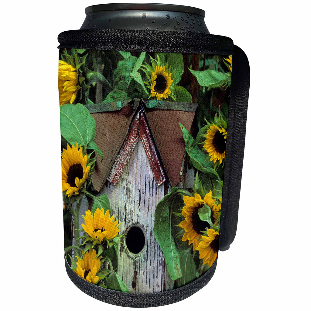 3dRose Danita Delimont - Flowers - USA, Pennsylvania. Birdhouse and garden sunflowers. - Can Cooler Bottle Wrap (cc_231544)