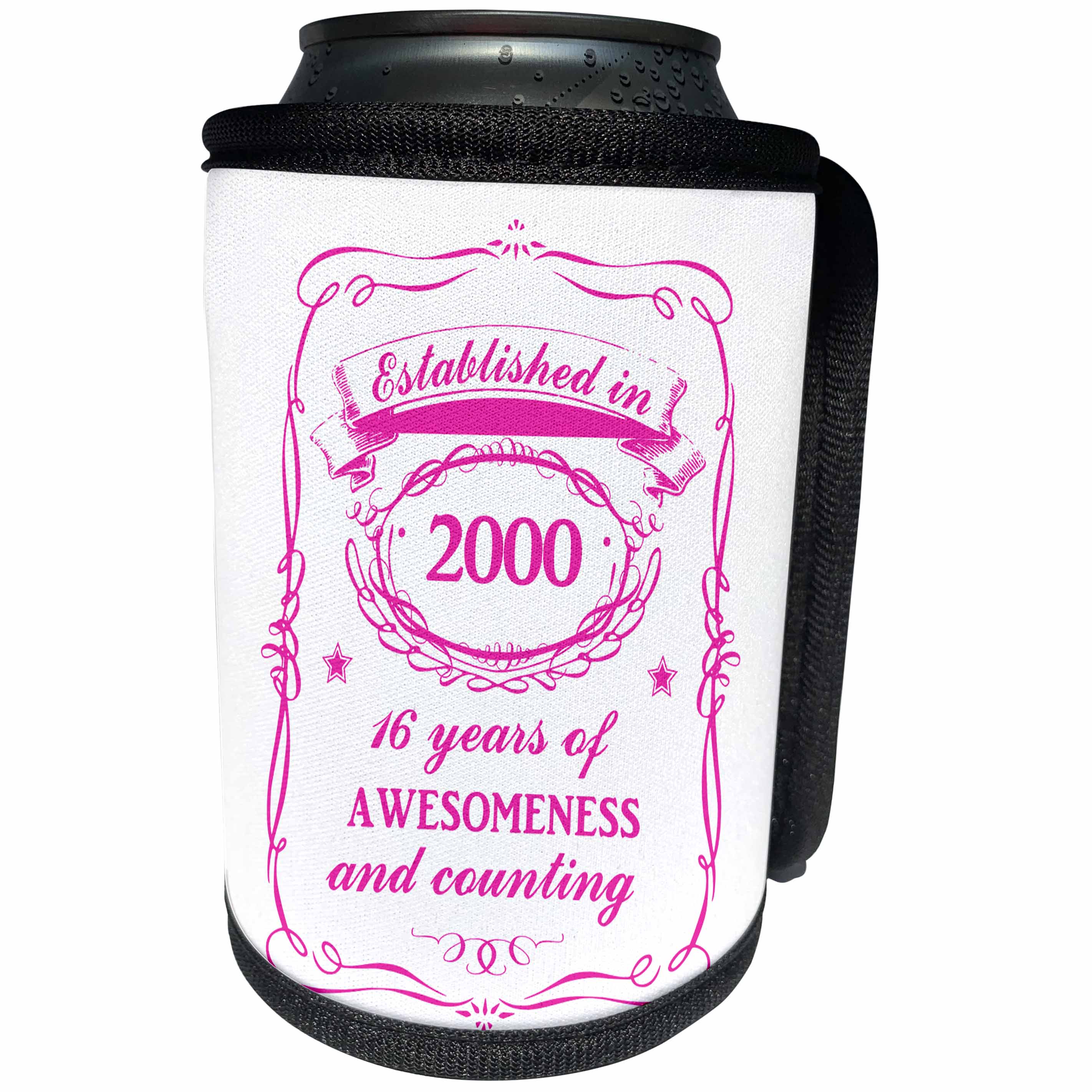 3dRose InspirationzStore Typography - Hot Pink Sweet 16 16th Birthday girl gift for those born in year 2000 - Can Cooler Bottle Wrap (cc_232498)