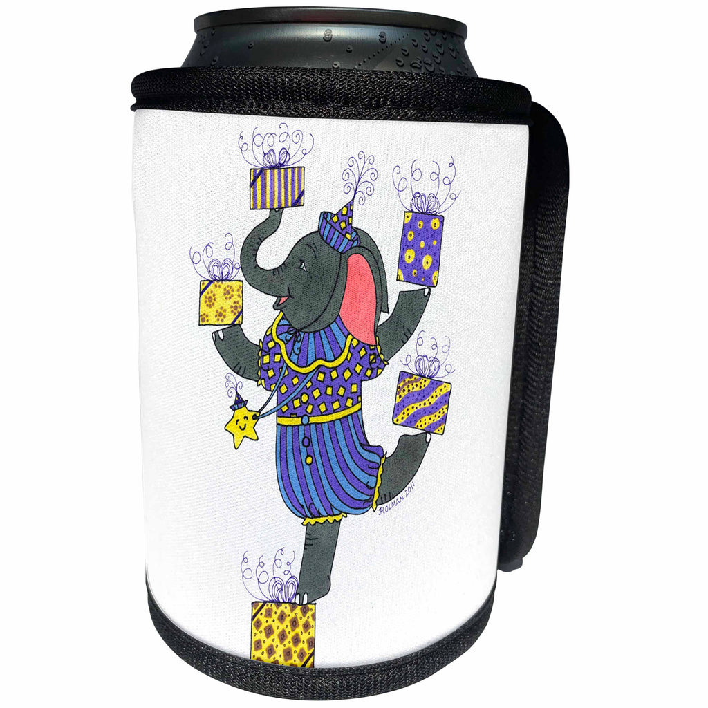 3dRose Laura J Holman Art Whimsical Elephant - elephant whimsical elephant whimsical illustration elephant with presents birthday presents - Can Cooler Bottle Wrap (cc_23296)