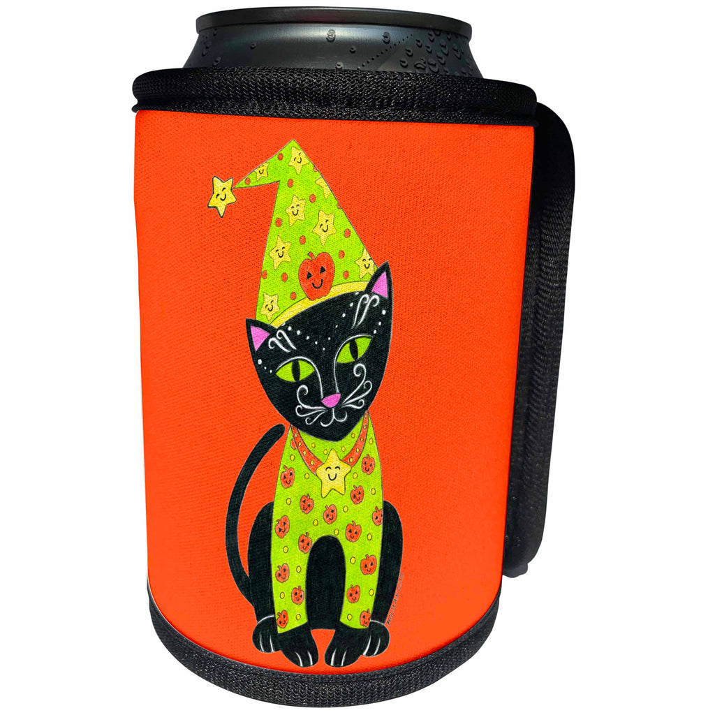 3dRose Laura J Holman Art Halloween Black Cat - black cat cat in costume Halloween cat orange Halloween whimsical cat whimsical illustration - Can Cooler Bottle Wrap (cc_23297)