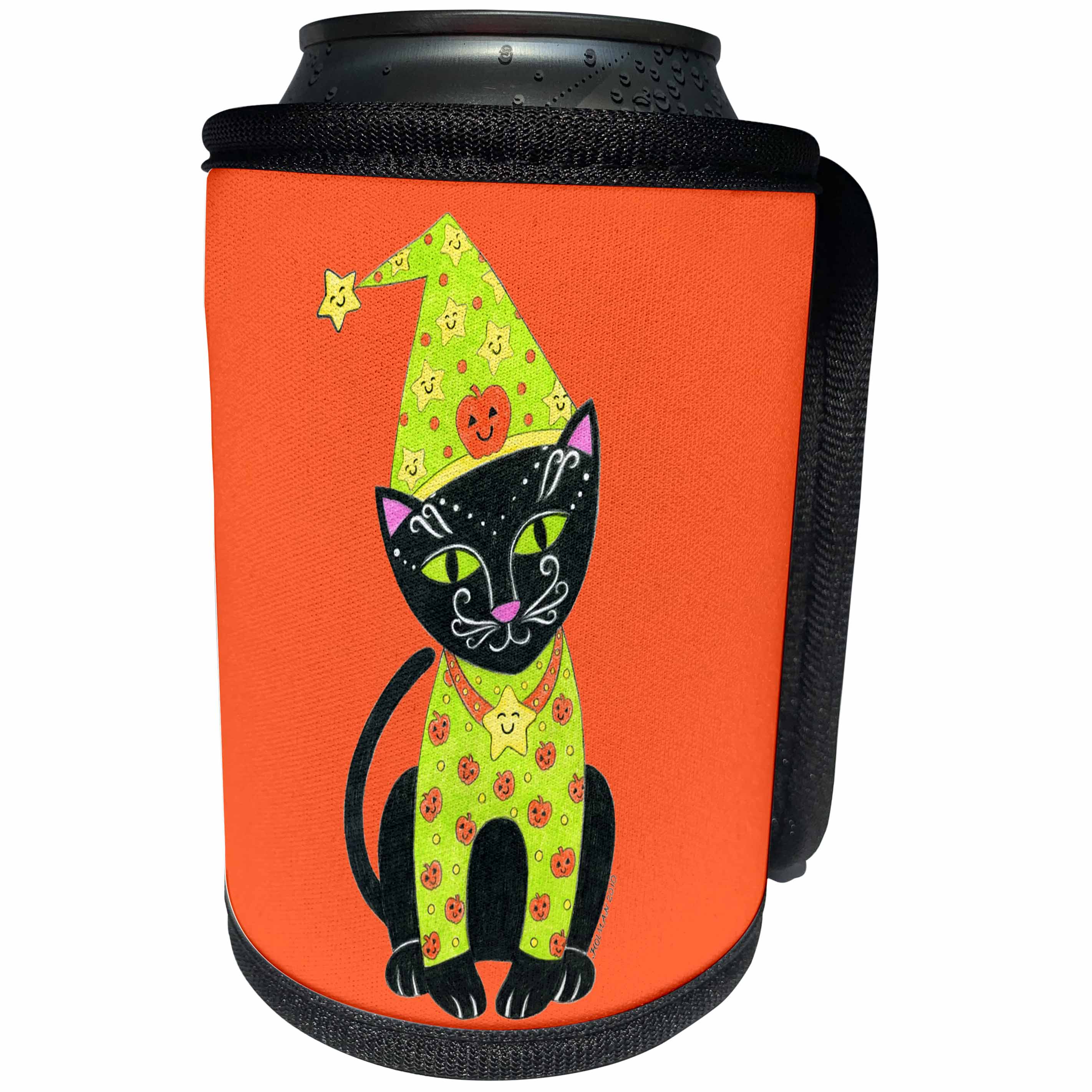 3dRose Laura J Holman Art Halloween Black Cat - black cat cat in costume Halloween cat orange Halloween whimsical cat whimsical illustration - Can Cooler Bottle Wrap (cc_23297)