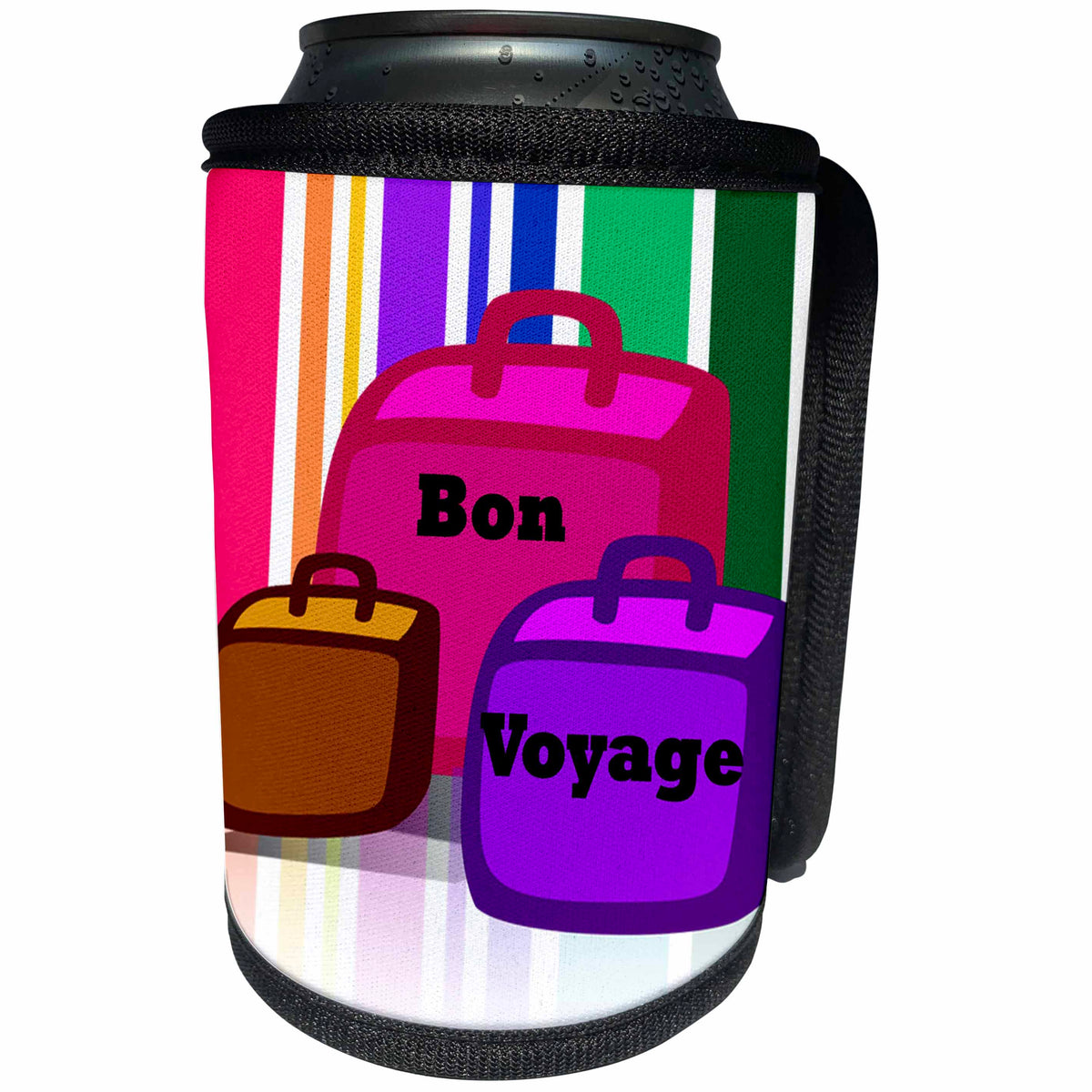 3dRose Florene - Special Events - Image of Cartoon Suitcases With Bon Voyage - Can Cooler Bottle Wrap (cc_232989)