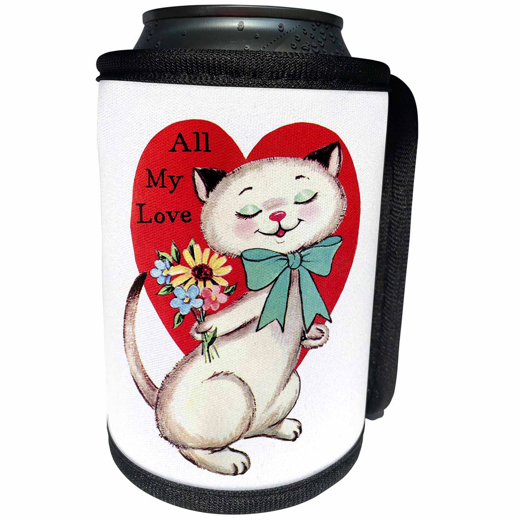 3dRose Florene - Holidays - Image of Retro Cat Says All My Love On Valentine - Can Cooler Bottle Wrap (cc_233008)