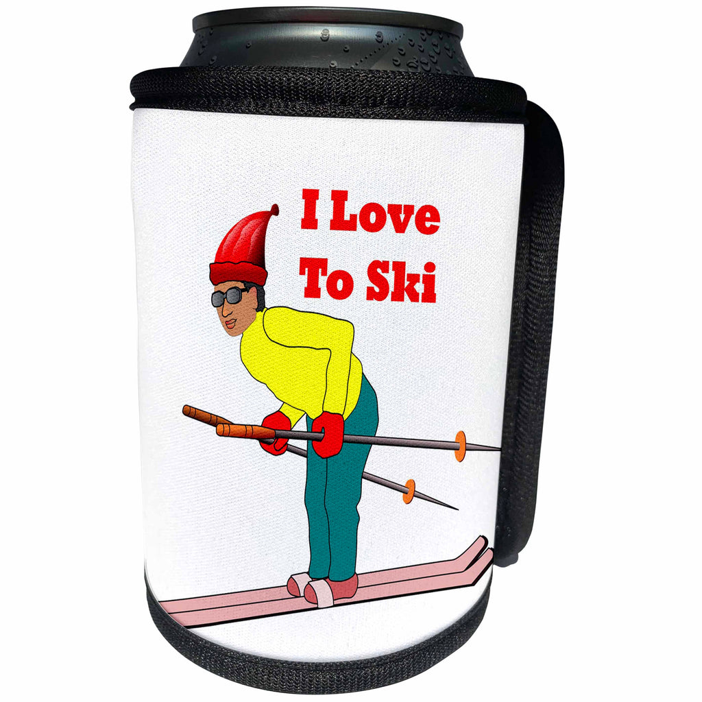 3dRose Florene - Numbers Symbols And Sayings - Image of Cartoon I Love To Ski With Man On Skis - Can Cooler Bottle Wrap (cc_233009)