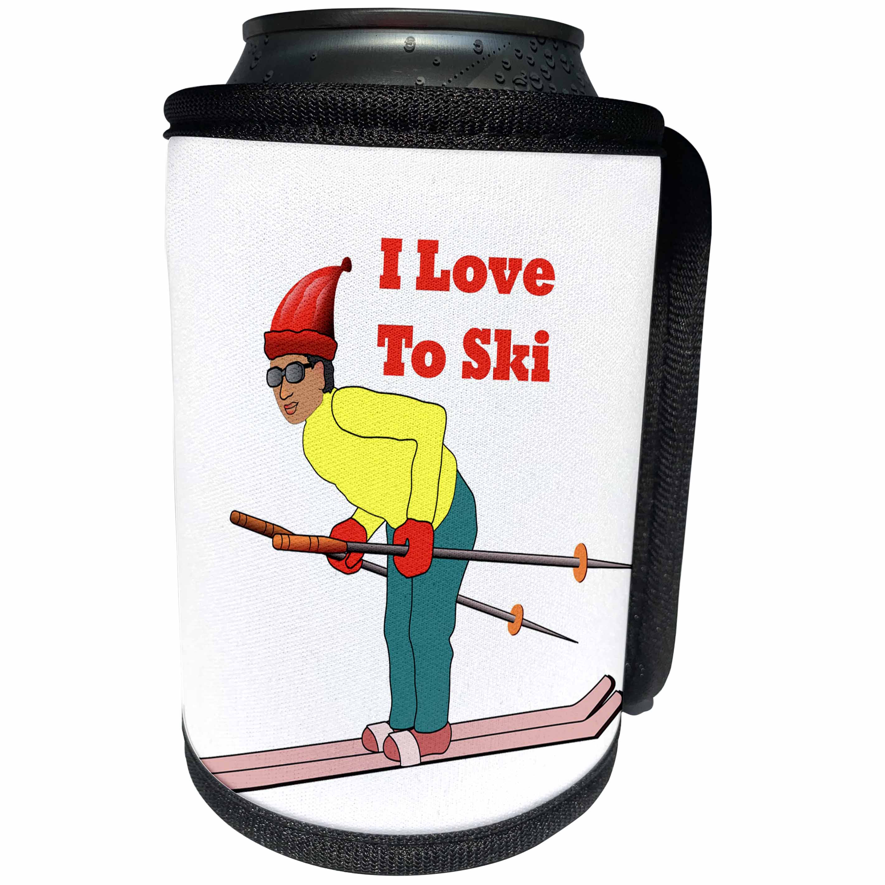 3dRose Florene - Numbers Symbols And Sayings - Image of Cartoon I Love To Ski With Man On Skis - Can Cooler Bottle Wrap (cc_233009)