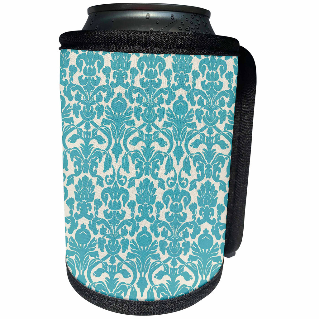 3dRose Florene - Designer Plaids And Pattern - Image of Turquoise Damask Pattern - Can Cooler Bottle Wrap (cc_233017)