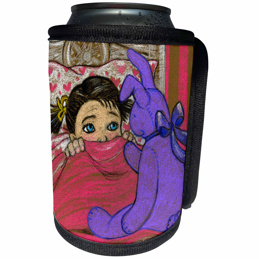3dRose Laura J Holman Art Girl with Rabbit - Rabbit stuffed toy rabbit girl hiding scared blankets under covers purple rabbit pastels - Can Cooler Bottle Wrap (cc_23302)