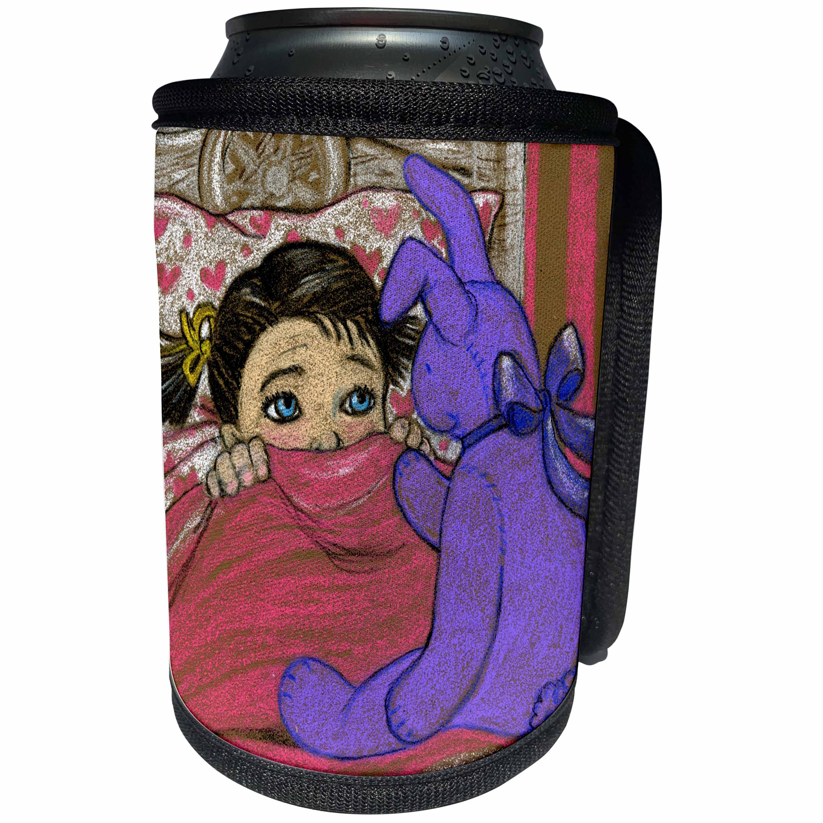 3dRose Laura J Holman Art Girl with Rabbit - Rabbit stuffed toy rabbit girl hiding scared blankets under covers purple rabbit pastels - Can Cooler Bottle Wrap (cc_23302)