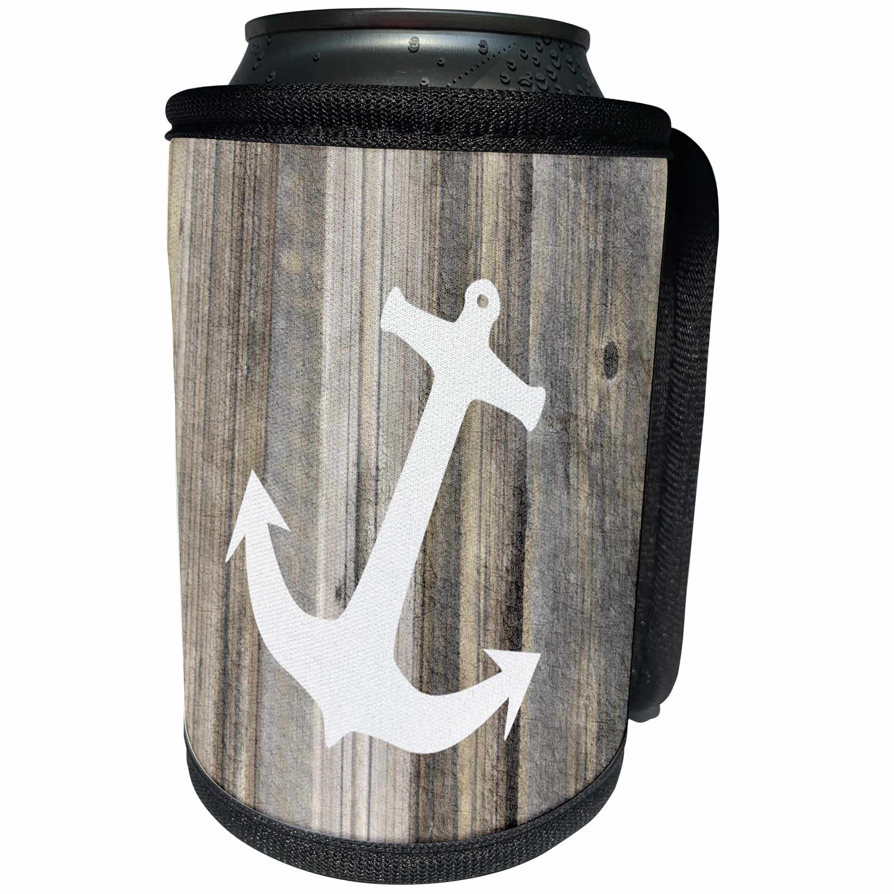 3dRose Florene - Nautical Décor - Image of White Anchor On Weathered Planks - Can Cooler Bottle Wrap (cc_233020)