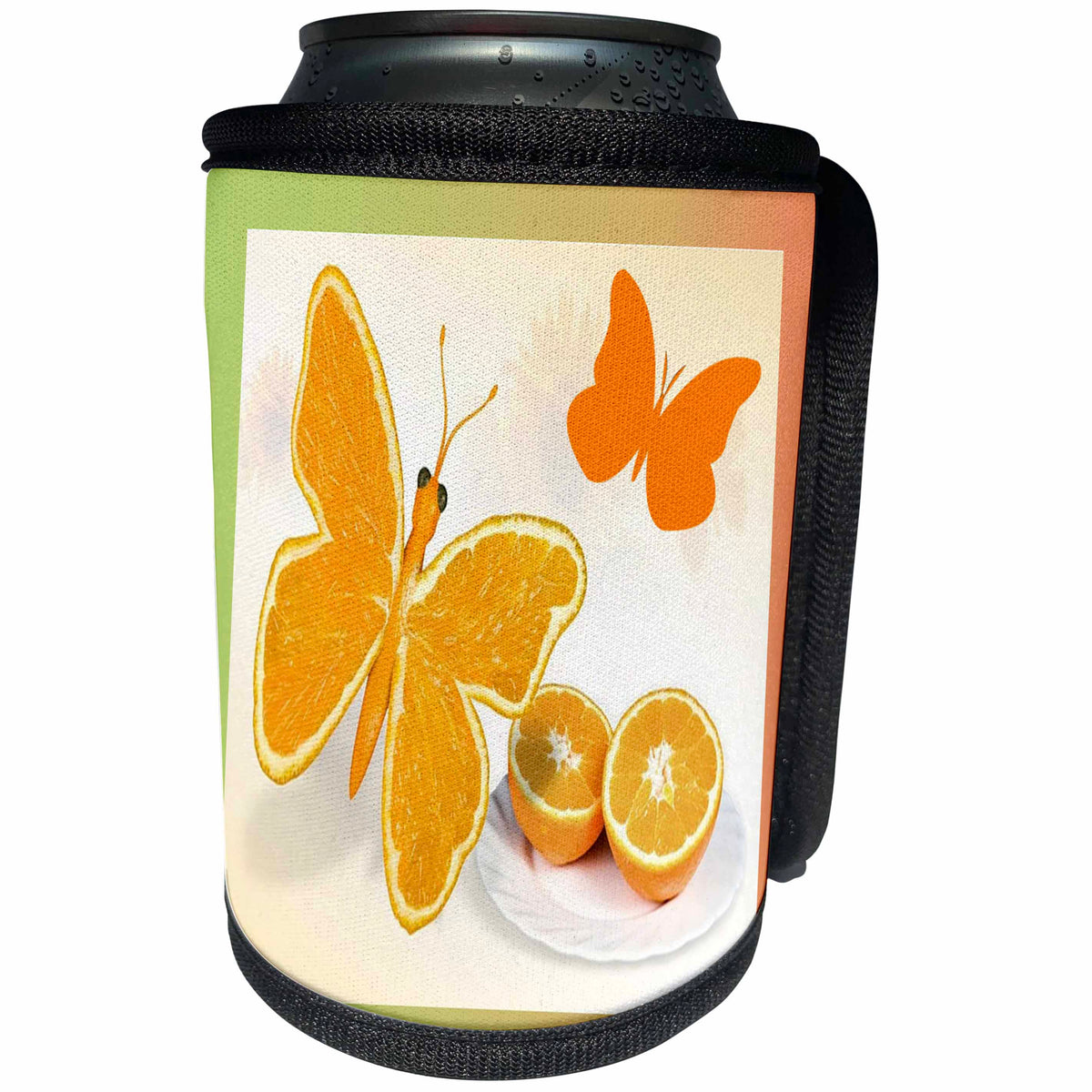 3dRose Florene - Decorative III - Image of Butterfly Fruit On Orange Gradient - Can Cooler Bottle Wrap (cc_233025)