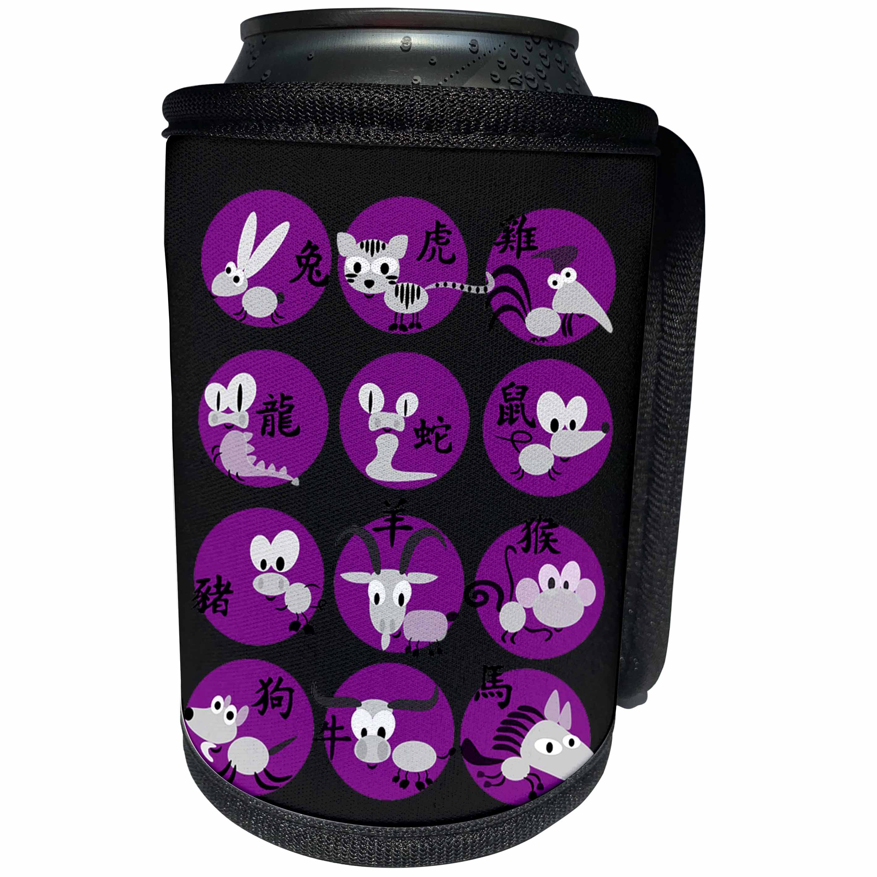 3dRose Florene - Asian Art II - Image of Chinese Zodiac Animals In Purple on Black - Can Cooler Bottle Wrap (cc_233029)