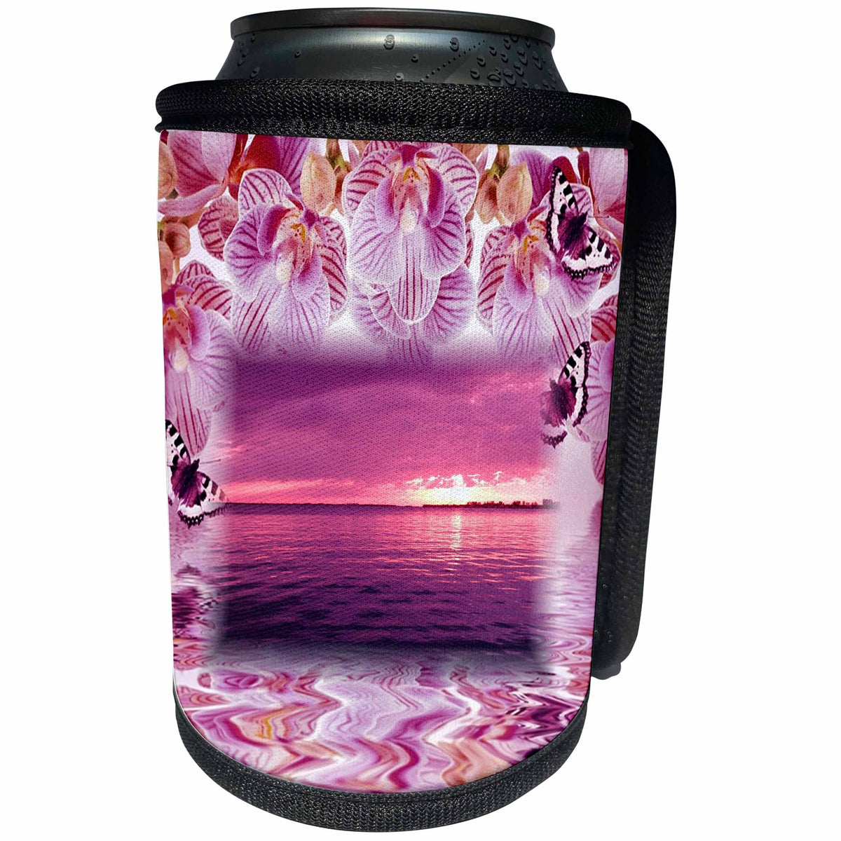 3dRose Florene - Decorative III - Image of Orchids Butterflies And Sunset - Can Cooler Bottle Wrap (cc_233037)