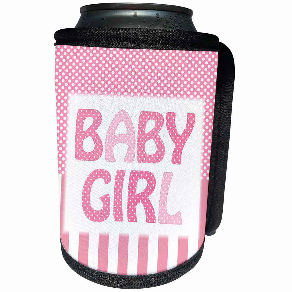 3dRose Florene - Childrens Art V - Image of A Baby Girl Sign With Pink Stripes And Dots - Can Cooler Bottle Wrap (cc_233039)
