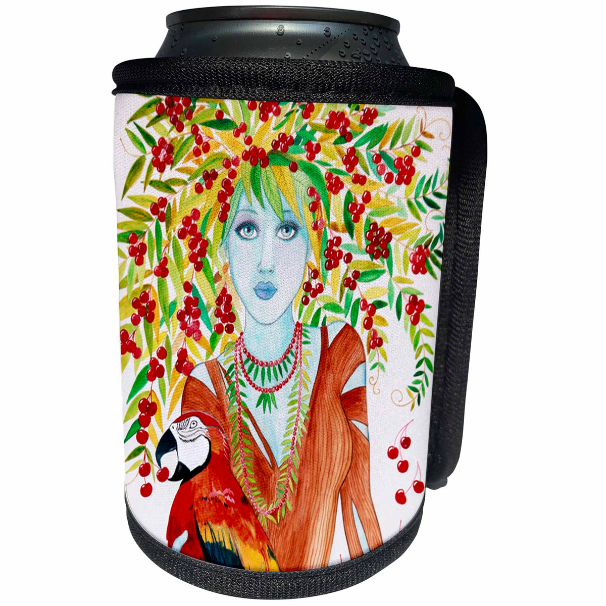 3dRose Laura J Holman Art Cherry Tree Woman - Woman tree cheeries cherry tree parrot woman tree leaves branches watercolor - Can Cooler Bottle Wrap (cc_23305)