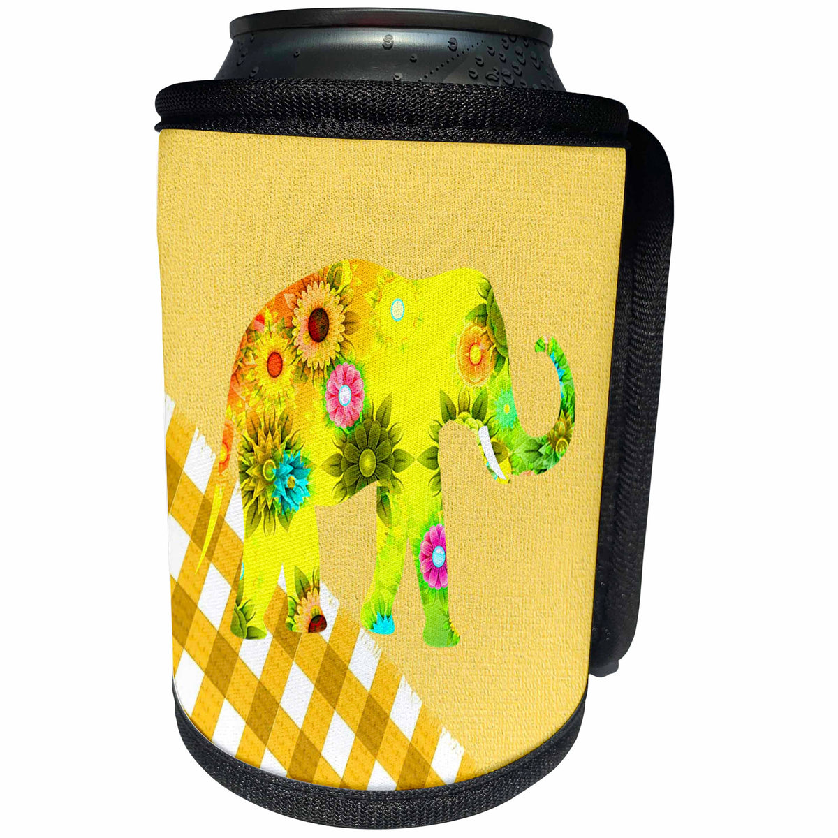 3dRose Florene - Decorative III - Image of Yellow Floral Elephant On Yellow Plaid - Can Cooler Bottle Wrap (cc_233703)