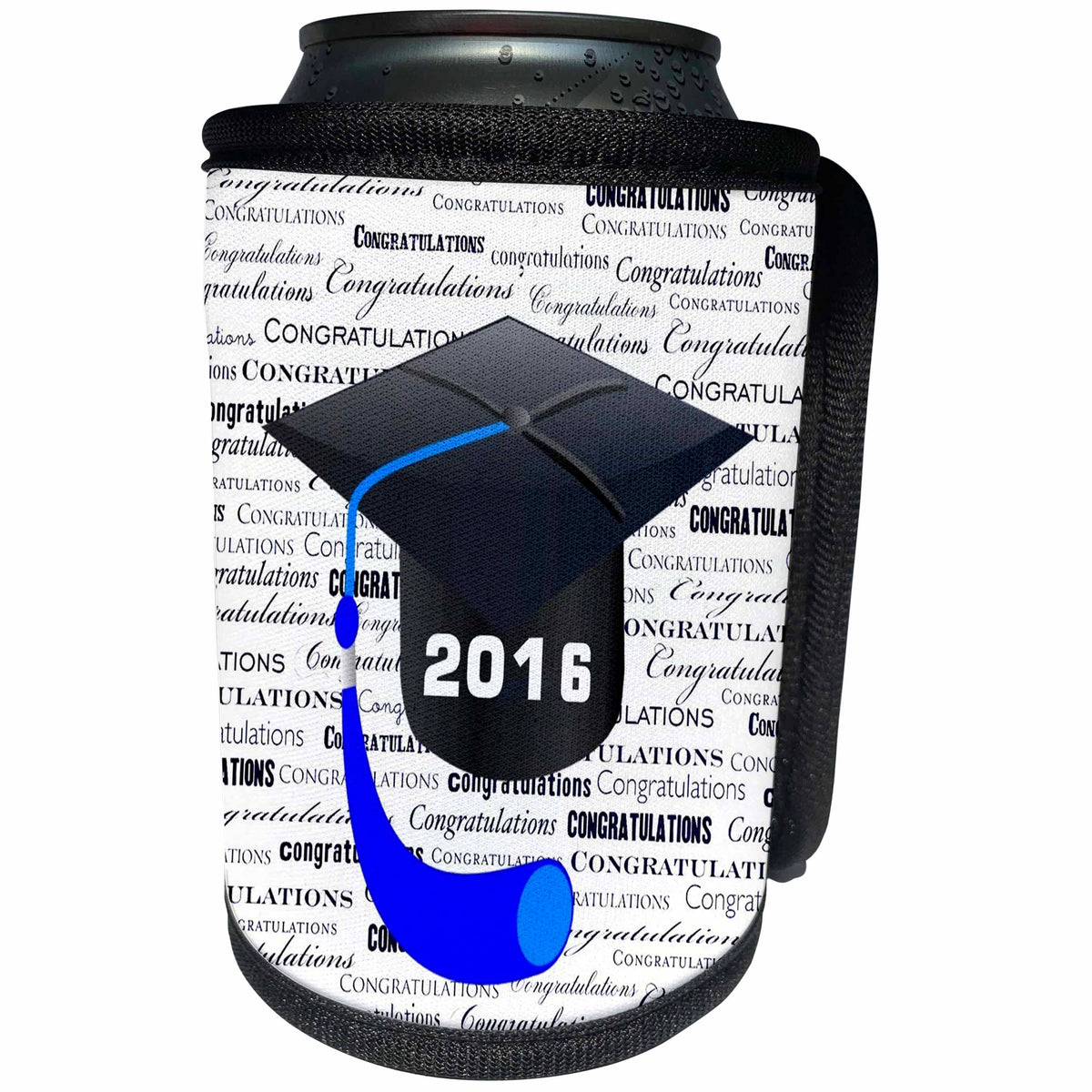 3dRose Florene - Graduation - Image of Black 2016 Cap with Blue Tassel On Congrats Back - Can Cooler Bottle Wrap (cc_234041)