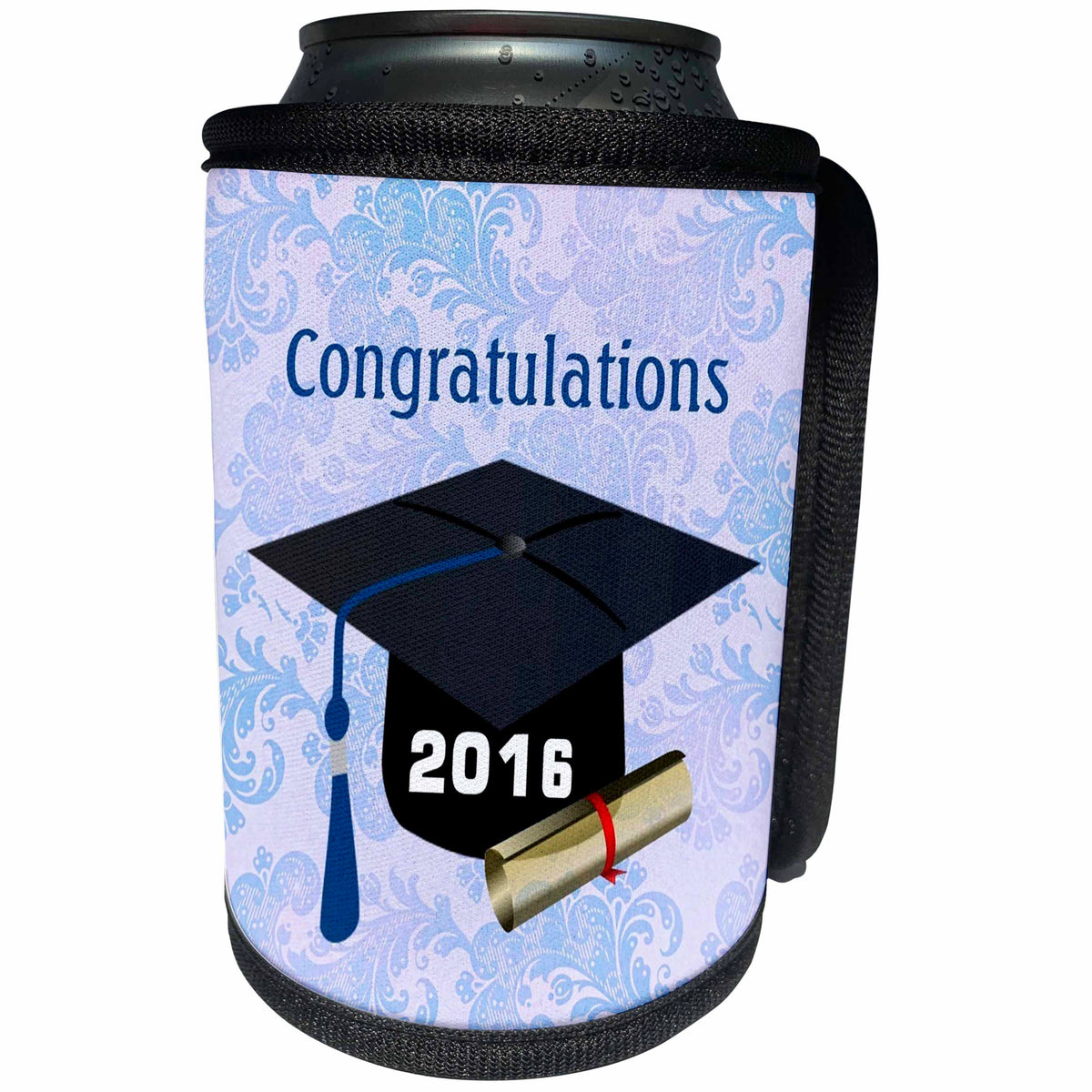 3dRose Florene - Graduation - Image of Black 2016 Cap With Blue Tassel On Violet Paisley - Can Cooler Bottle Wrap (cc_234042)