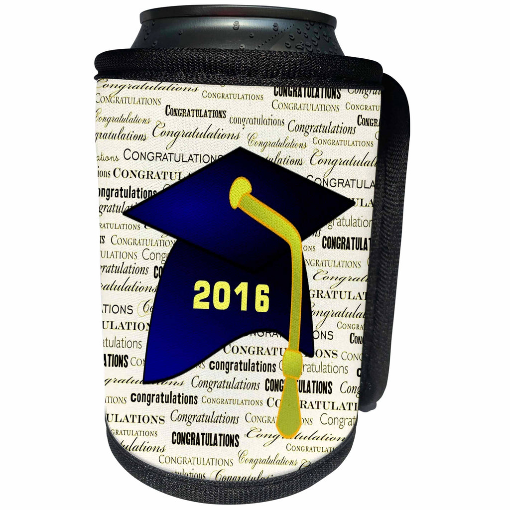 3dRose Florene - Graduation - Image of Blue 2016 Cap With Yellow Tassel Yellow Congrats - Can Cooler Bottle Wrap (cc_234047)
