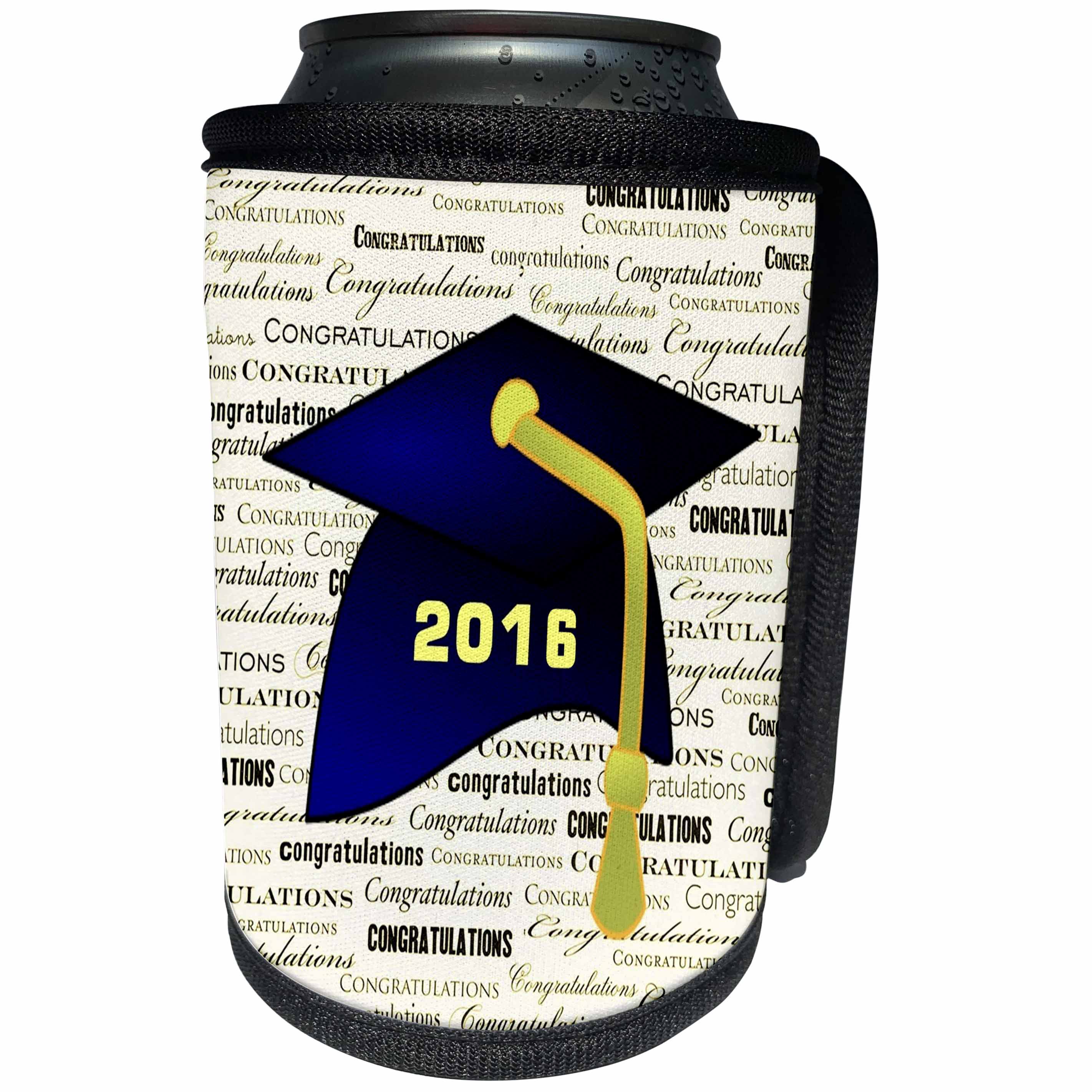 3dRose Florene - Graduation - Image of Blue 2016 Cap With Yellow Tassel Yellow Congrats - Can Cooler Bottle Wrap (cc_234047)