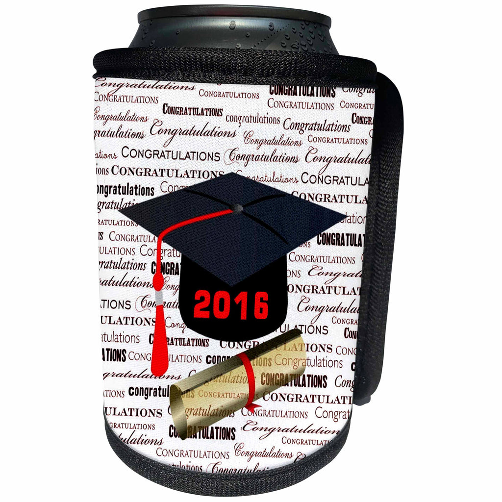 3dRose Florene - Graduation - Image of Black 2016 Cap With Red Tassel On Congrats Back - Can Cooler Bottle Wrap (cc_234049)