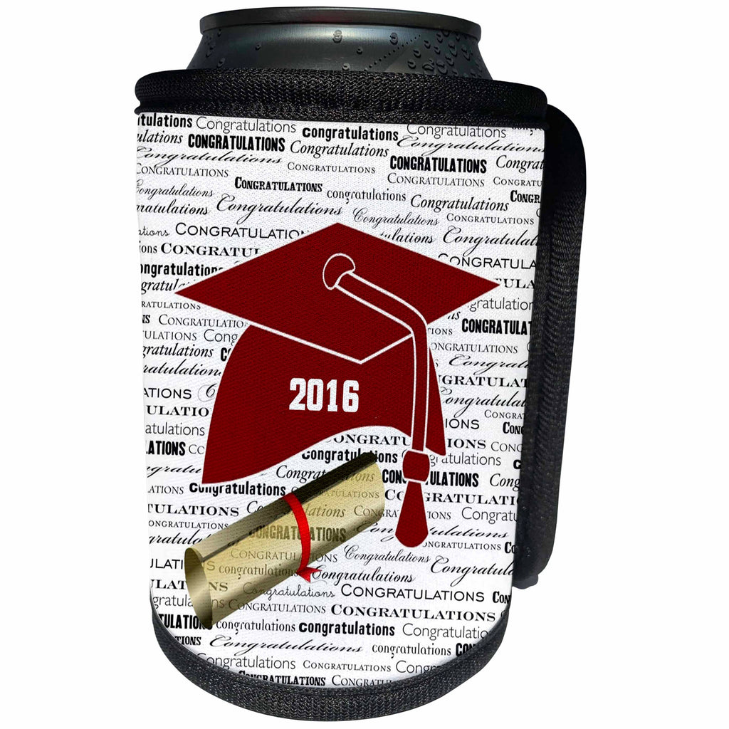 3dRose Florene - Graduation - Image of Maroon 2016 Cap With Gold Diploma On Congrats - Can Cooler Bottle Wrap (cc_234052)