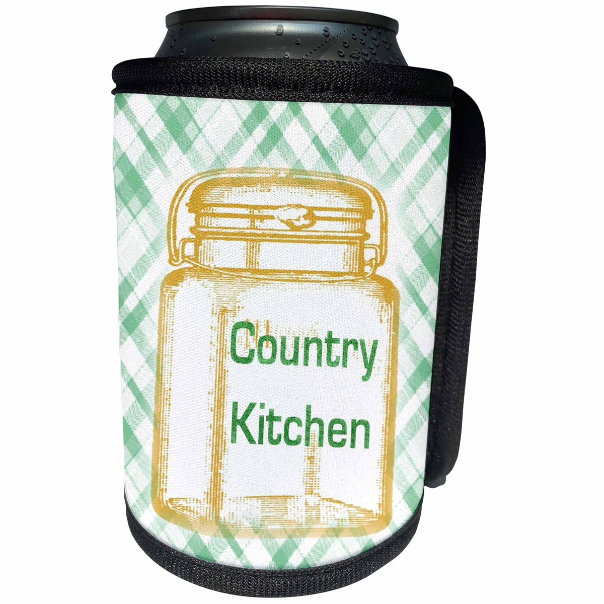 3dRose Florene - Country Life - Image of Yellow Mason Country Kitchen Jar On Green Plaid - Can Cooler Bottle Wrap (cc_234055)