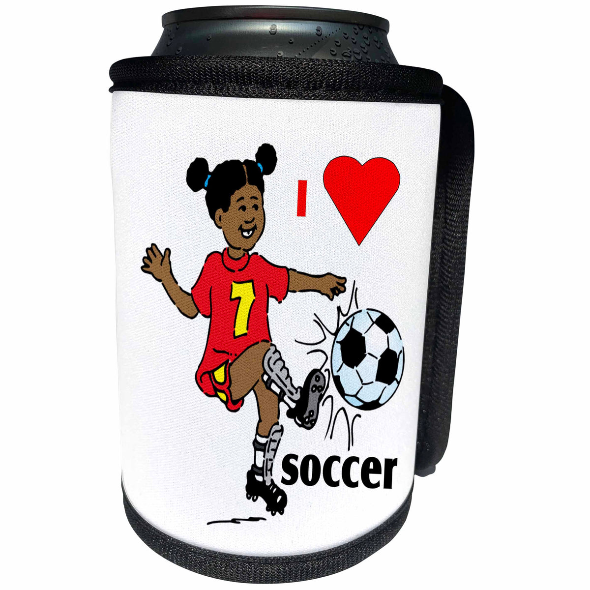 3dRose Florene - Childrens Art V - Image of African American Girl Says I Heart Soccer - Can Cooler Bottle Wrap (cc_234056)