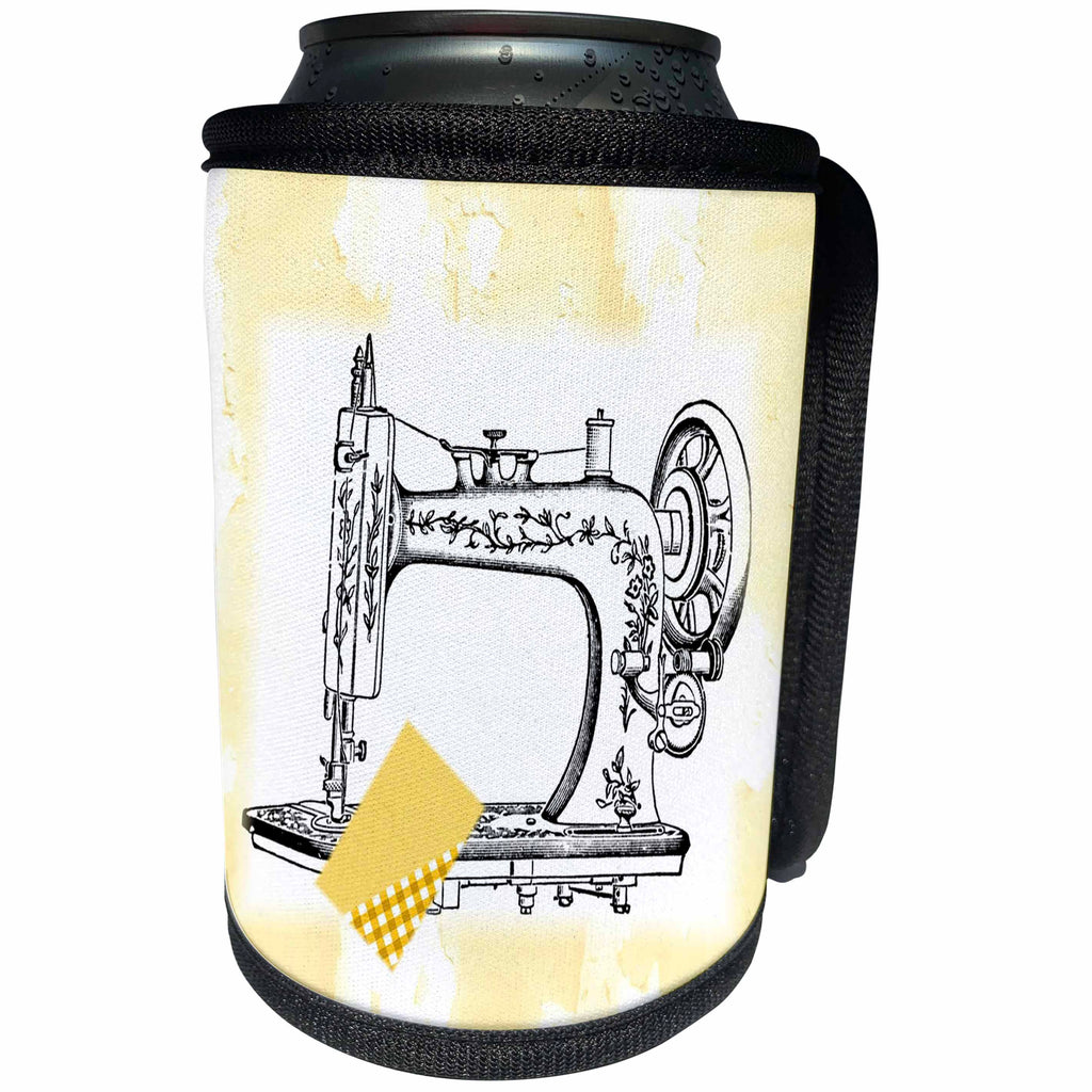 3dRose Florene - Decorative III - Image of Antique Sew Machine With Fabric On Aged Back - Can Cooler Bottle Wrap (cc_234058)