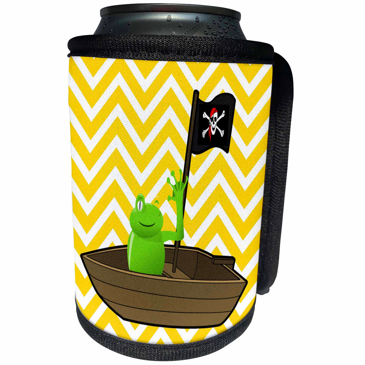 3dRose Florene - Childrens Art V - Image of Pirate Frog On Yellow Chevron Stripes - Can Cooler Bottle Wrap (cc_234063)
