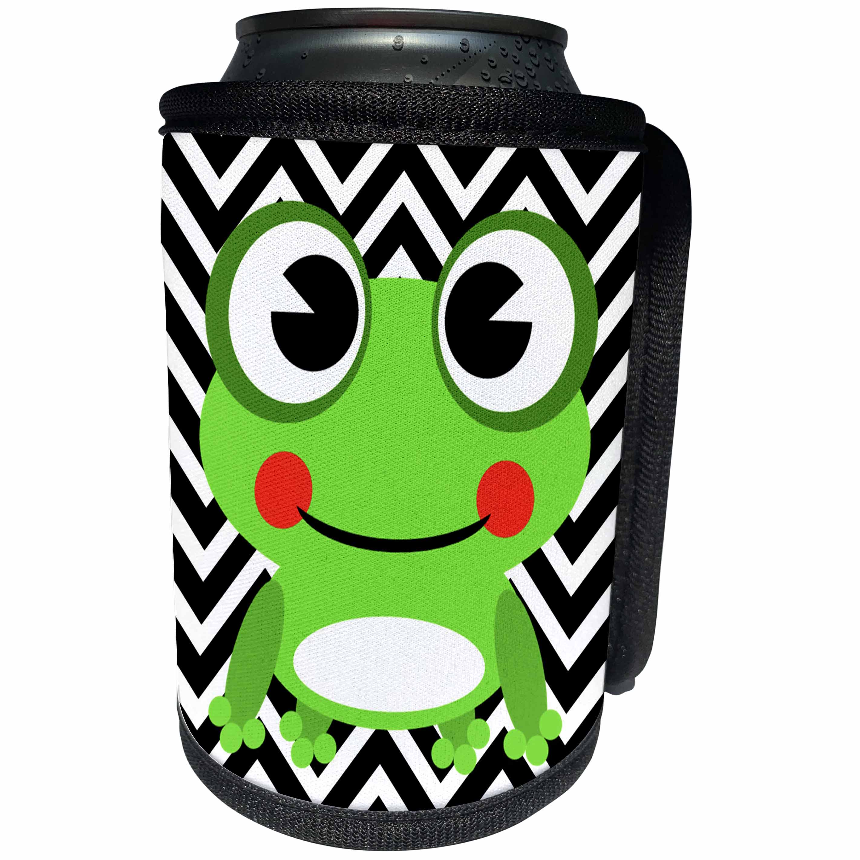 3dRose Florene - Childrens Art V - Image of Large Green Frog On Black White Chevron - Can Cooler Bottle Wrap (cc_234071)