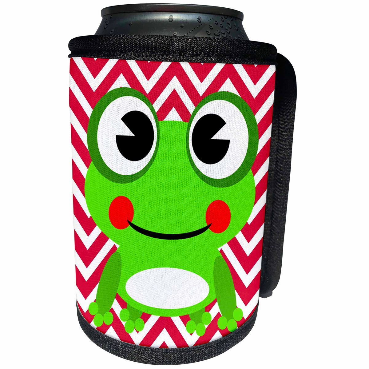 3dRose Florene - Childrens Art V - Image of Large Green Frog On Red White Chevron - Can Cooler Bottle Wrap (cc_234072)