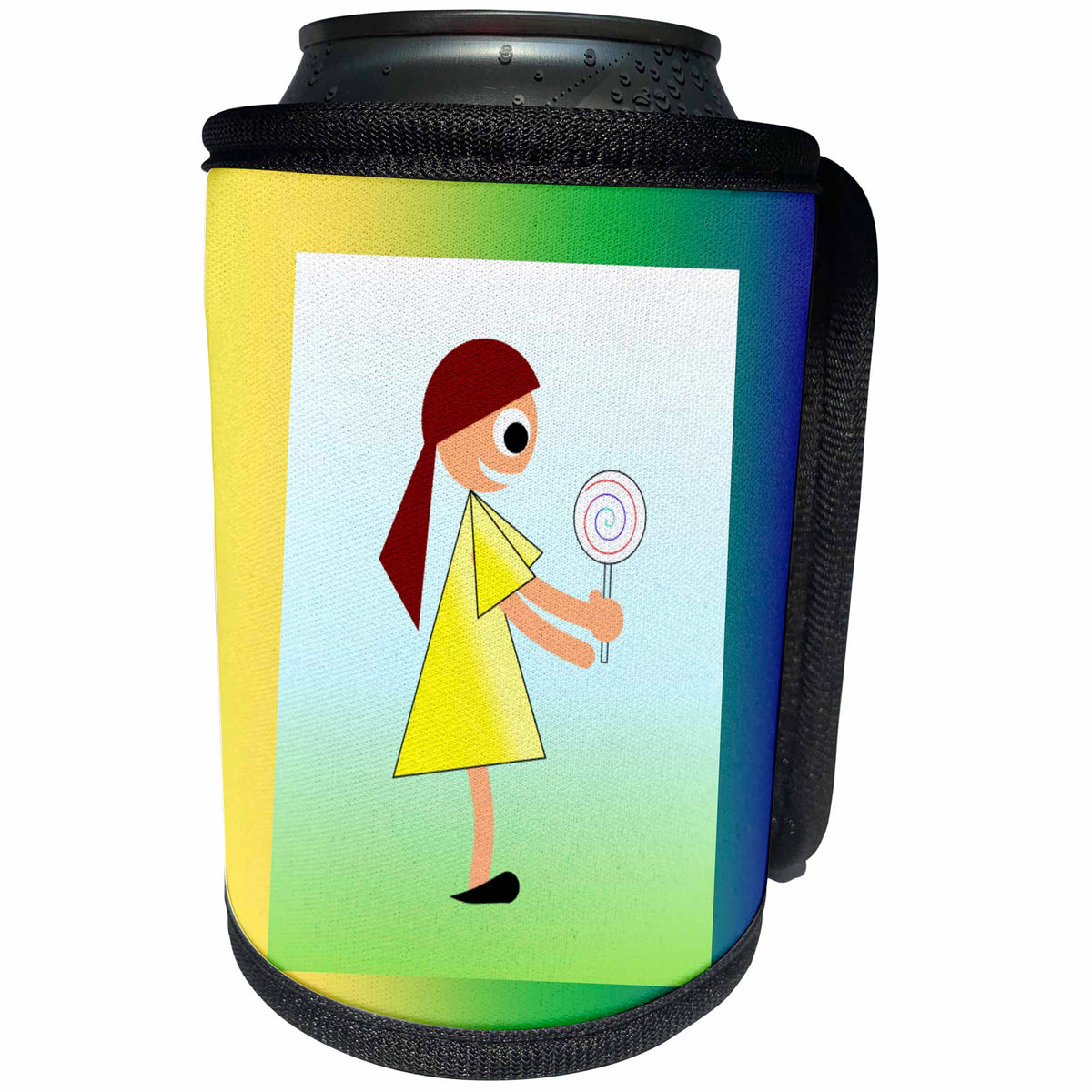 3dRose Florene Childrens Art V - Image of Girl with Lollipop In Blue Green Yellow Frame - Can Cooler Bottle Wrap (cc_234477)