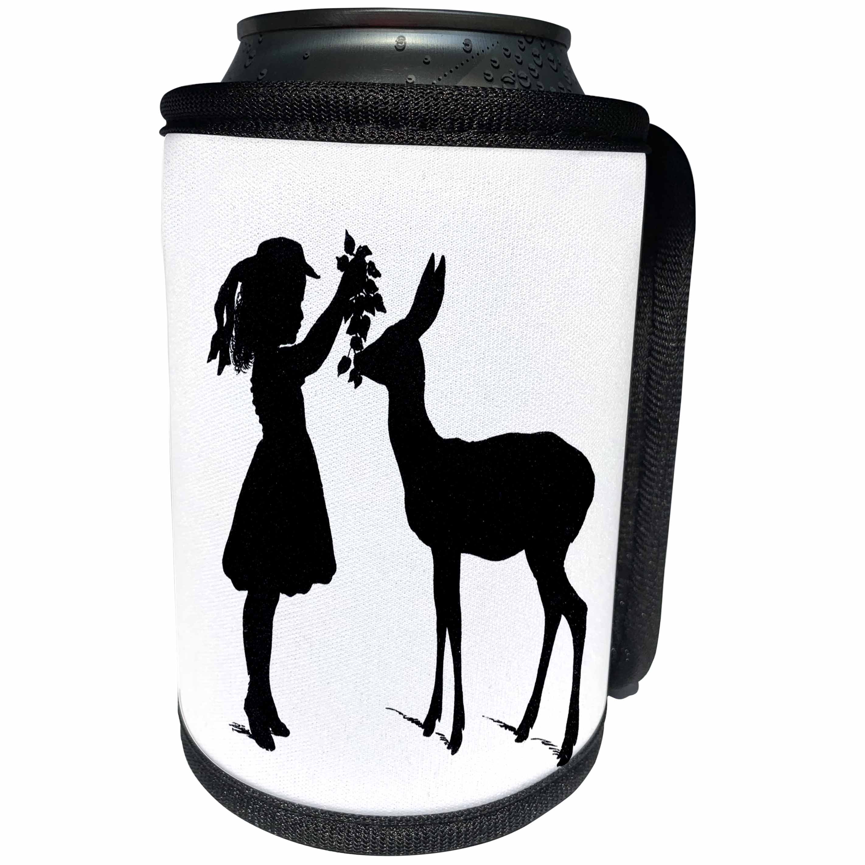 3dRose Florene Black And White - Image of Silhouette Of Girl And Deer - Can Cooler Bottle Wrap (cc_234501)