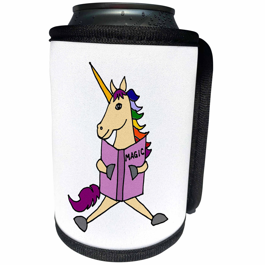 3dRose All Smiles Art Unicorns and Dragons - Funny Golden Unicorn Reading Book about Magic - Can Cooler Bottle Wrap (cc_234507)