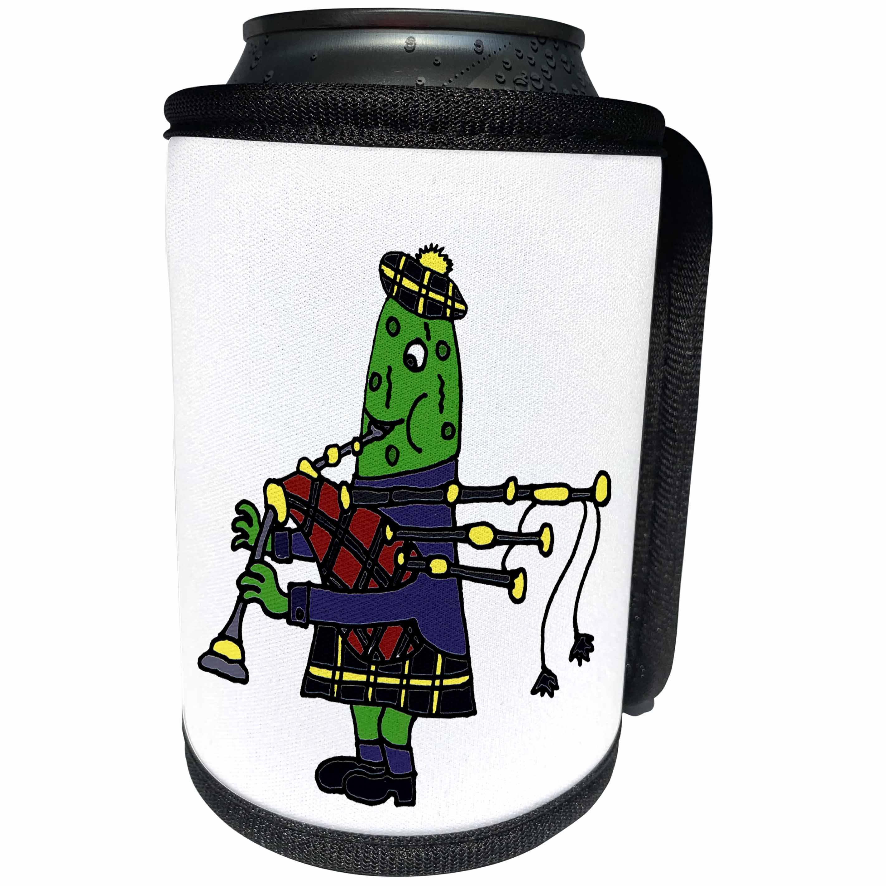 3dRose All Smiles Art Music - Funny Pickle Playing Bagpipes and Dressed in Kilt and Cap - Can Cooler Bottle Wrap (cc_234515)