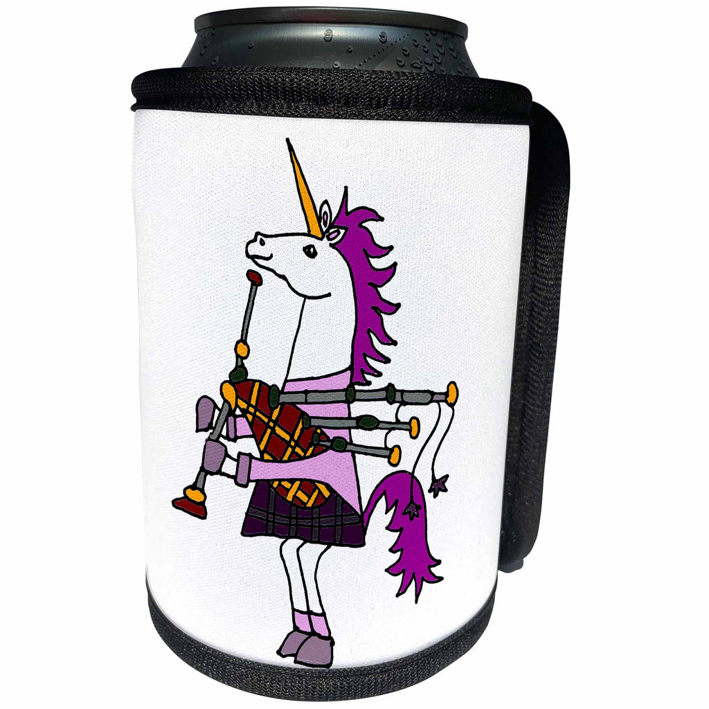 3dRose All Smiles Art Music - Funny Unicorn Playing Bagpipes and Dressed in Kilt - Can Cooler Bottle Wrap (cc_234516)