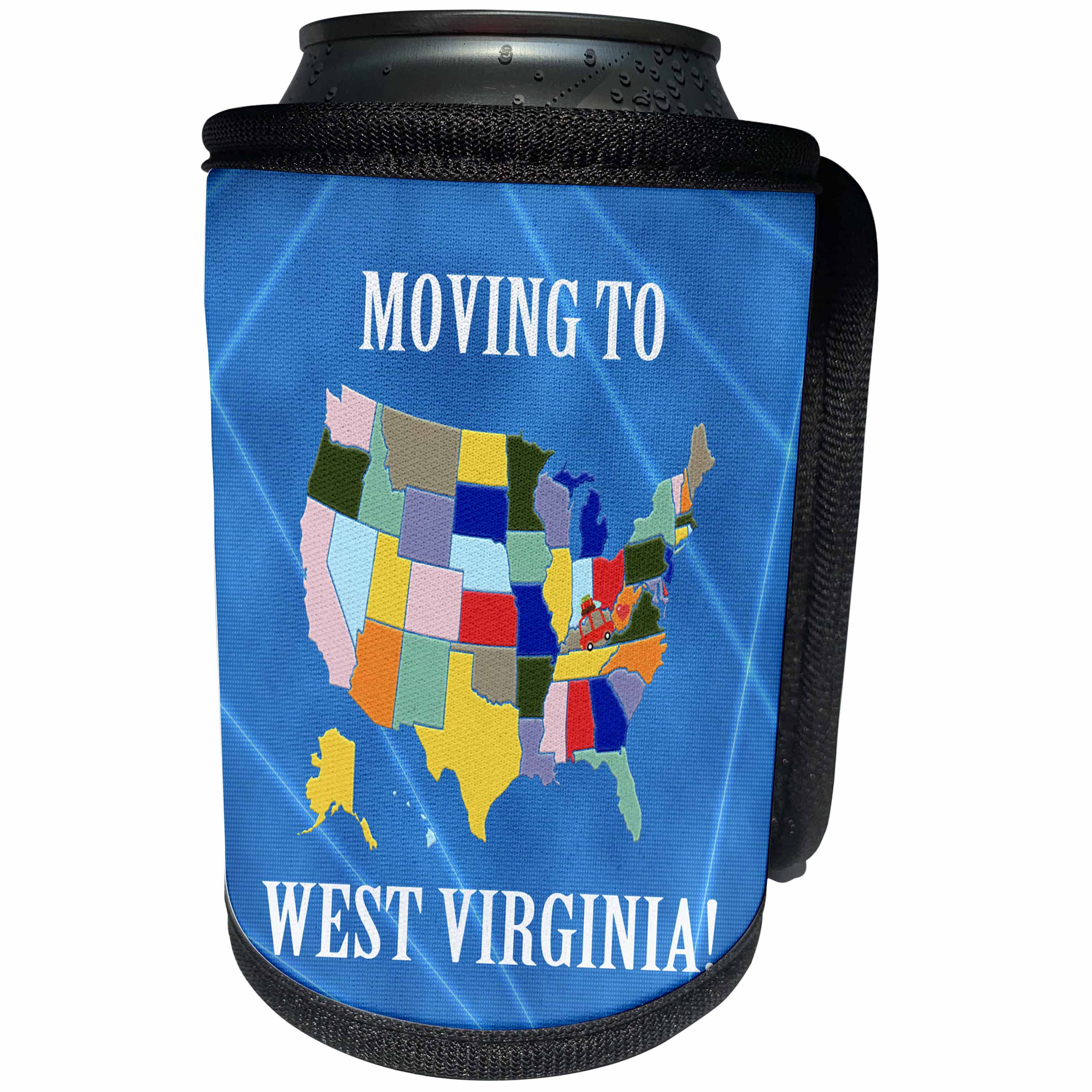 3dRose Beverly Turner Moving to - United States Map, Moving to West Virginia, Heart and Car with Luggage - Can Cooler Bottle Wrap (cc_234532)