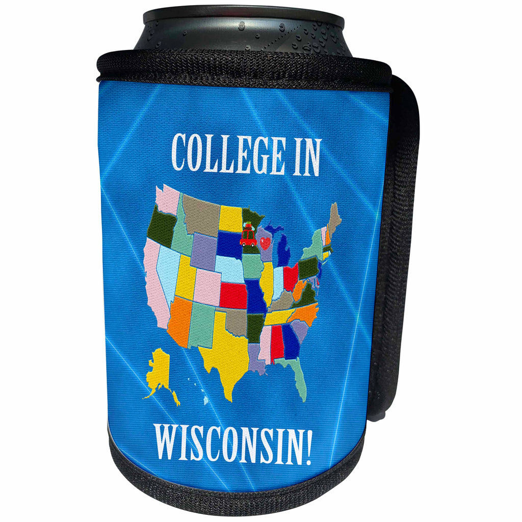 3dRose Beverly Turner College in - United States Map, College in Wisconsin, Heart and Car with Luggage - Can Cooler Bottle Wrap (cc_234534)