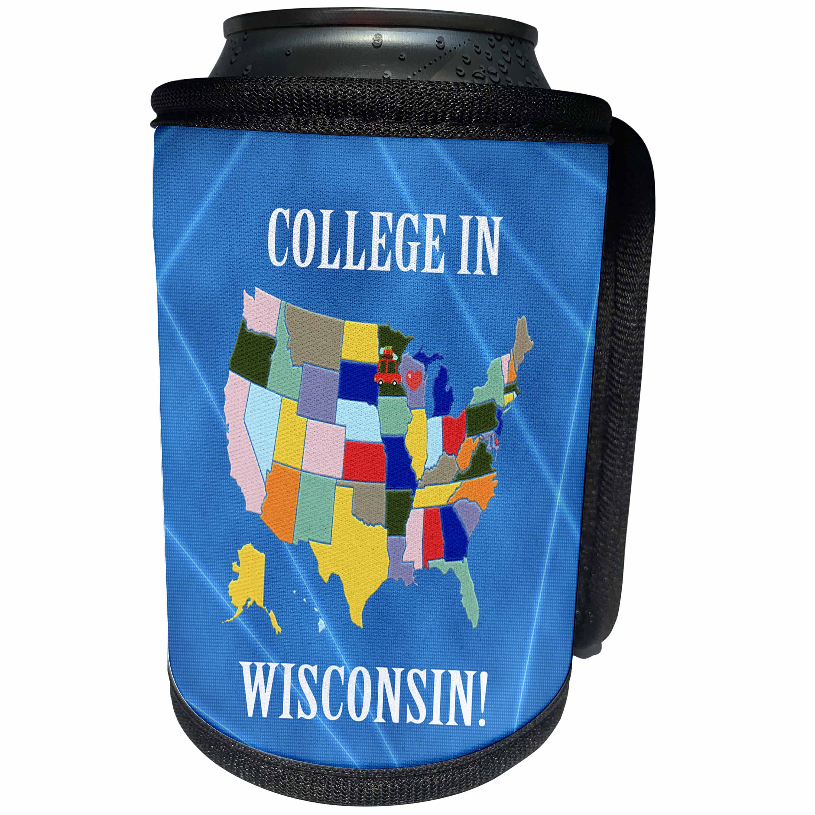 3dRose Beverly Turner College in - United States Map, College in Wisconsin, Heart and Car with Luggage - Can Cooler Bottle Wrap (cc_234534)