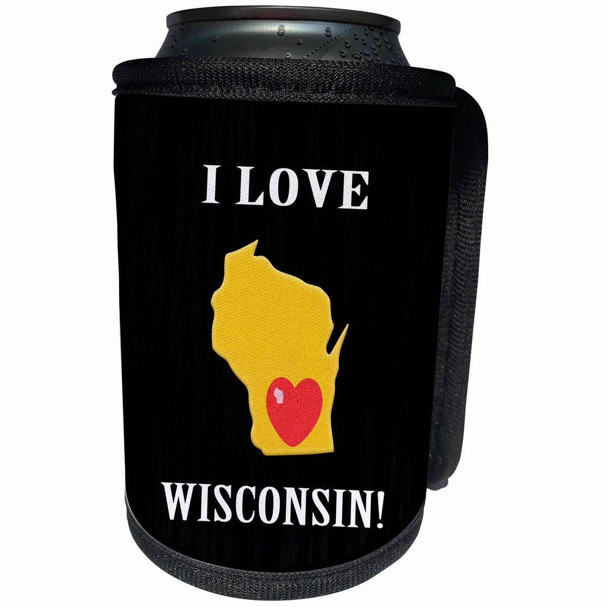 3dRose Beverly Turner I Love - I Love Wisconsin with a Heart on the State, Yellow, Black and Red - Can Cooler Bottle Wrap (cc_234536)