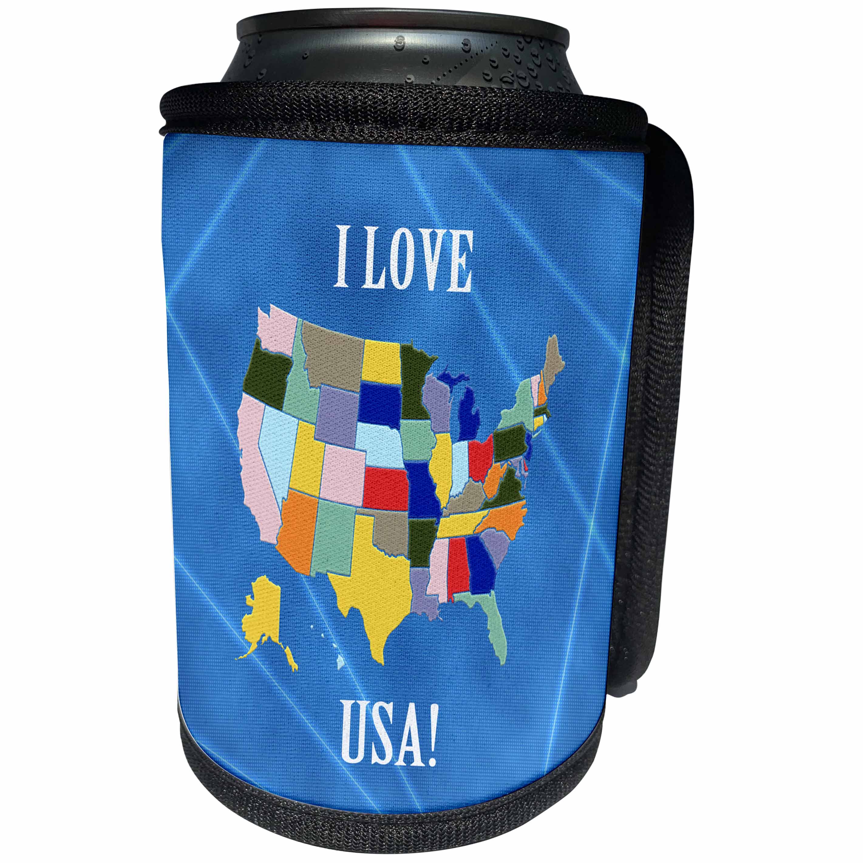 3dRose Beverly Turner I Love - I love USA, Colorful United States Map on Blue - Can Cooler Bottle Wrap (cc_234540)