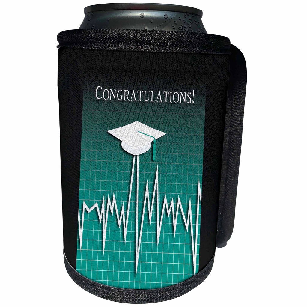 3dRose Beverly Turner Graduation Design - Medical Theme, Congratulations, Heart Beat Graph, Grad, Cap, Green - Can Cooler Bottle Wrap (cc_234542)