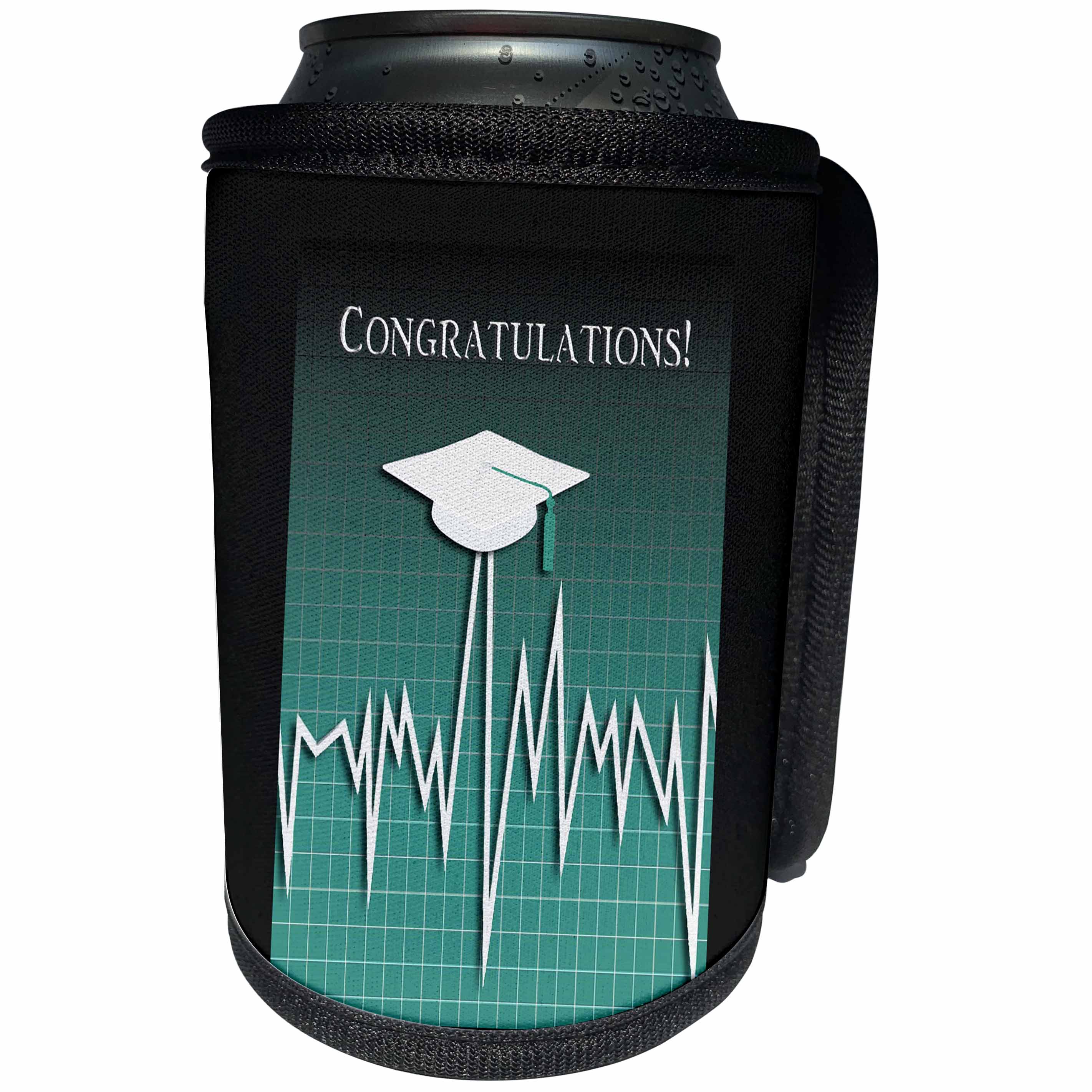 3dRose Beverly Turner Graduation Design - Medical Theme, Congratulations, Heart Beat Graph, Grad, Cap, Green - Can Cooler Bottle Wrap (cc_234542)
