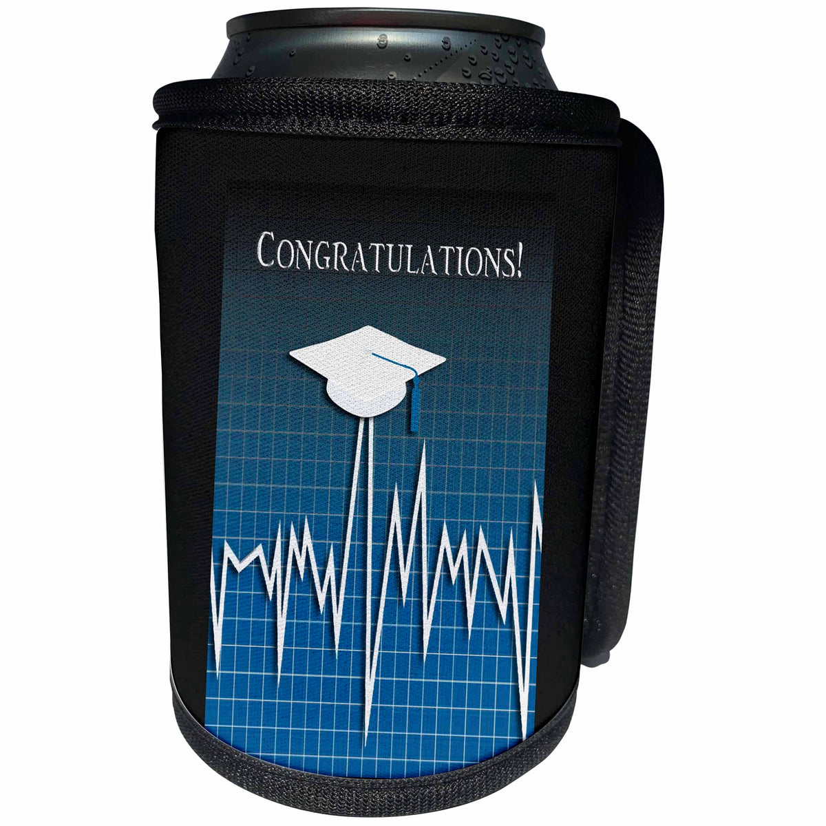 3dRose Beverly Turner Graduation Design - Medical Theme, Congratulations, Heart Beat Graph, Grad, Cap, Blue - Can Cooler Bottle Wrap (cc_234543)