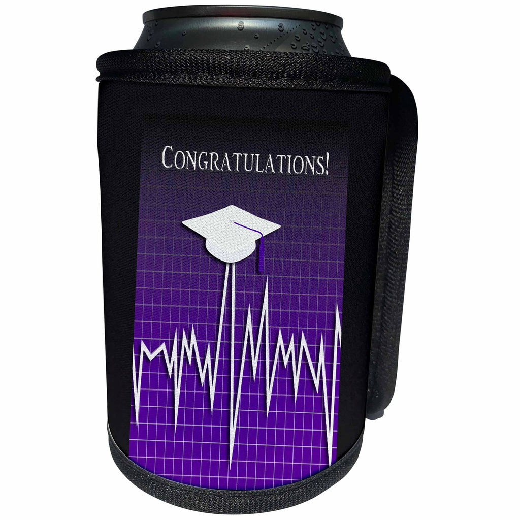 3dRose Beverly Turner Graduation Design - Medical Theme, Congratulations, Heart Beat Graph, Grad, Cap, Purple - Can Cooler Bottle Wrap (cc_234544)